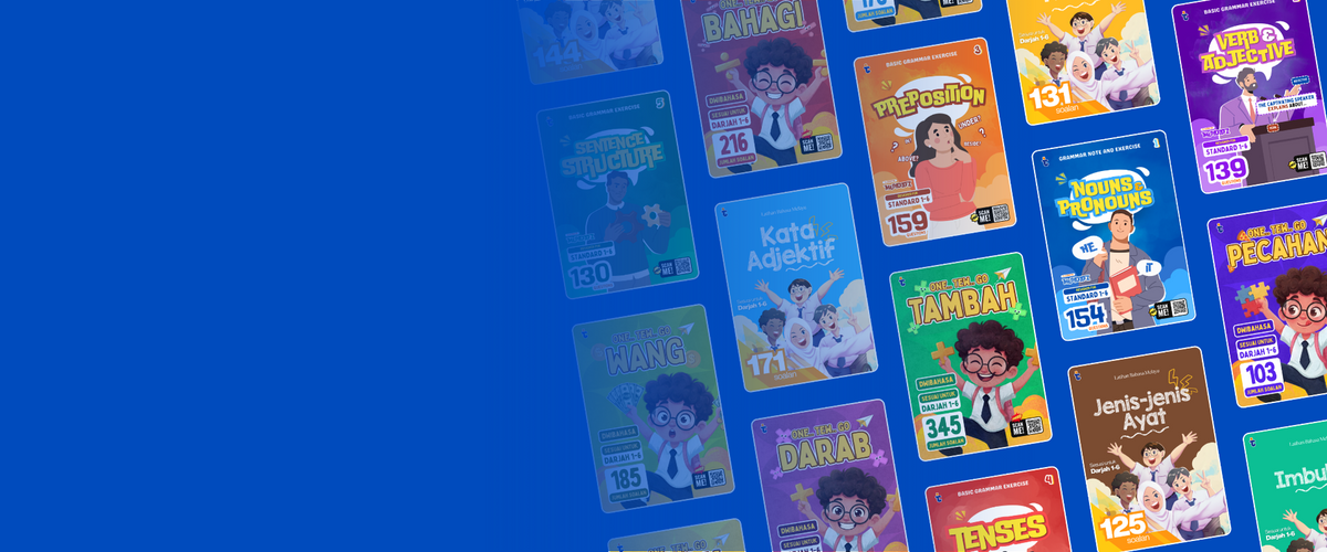 Collection of colorful book covers with cartoon characters on a blue background
